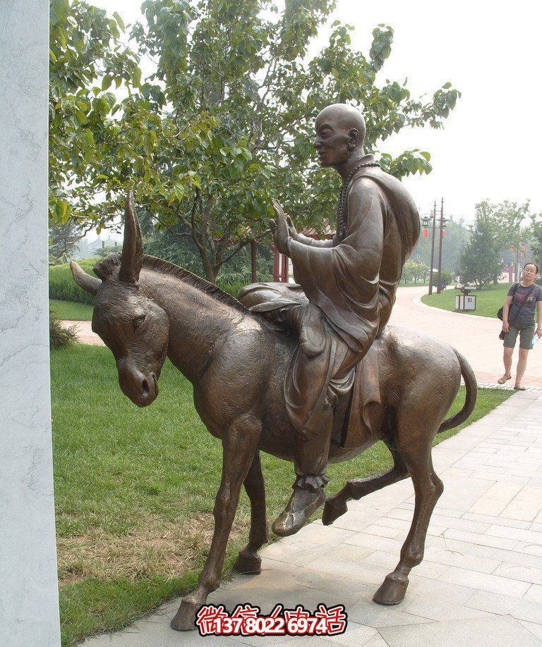 銅雕塑和尚著毛驢騎，精美雕塑，祥和園林