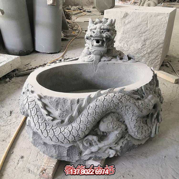 仿古石缸水缸青石龍形浮雕雕塑，為您的庭院增添一抹古樸