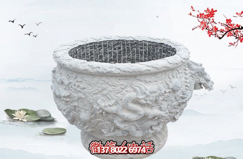 漢白玉石雕龍浮雕水缸雕塑，為庭院增添優雅氣息