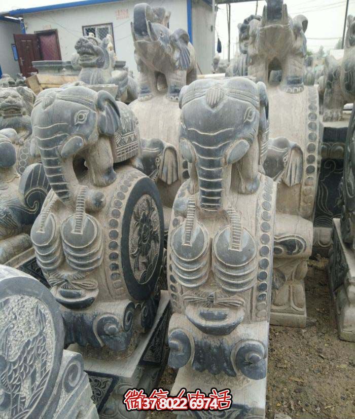 庭院門(mén)口擺放小象抱鼓石仿古青石門(mén)墩